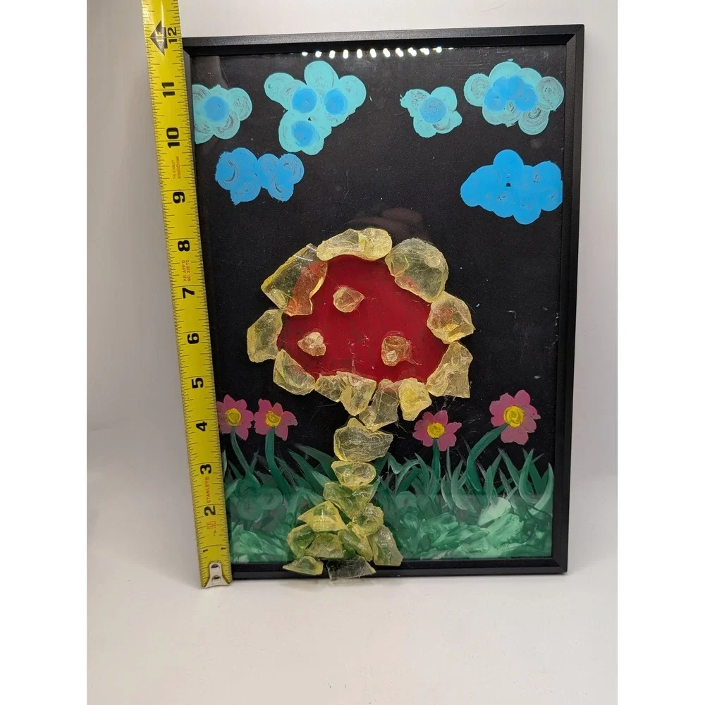 Handmade UV Glow Mushroom Slag Glass Mixed Media Framed Art‎ Blacklight Trippy